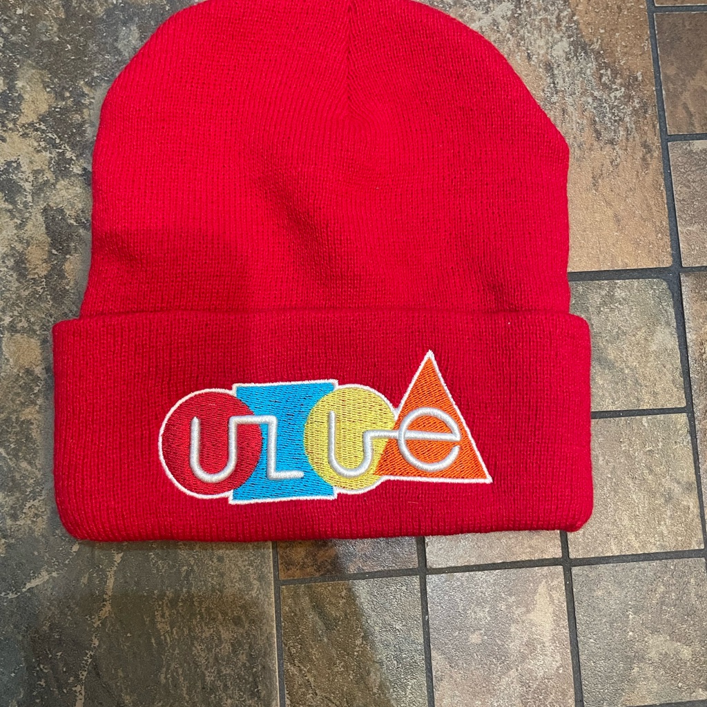 Kids Red Beanie Hat With Colorful Geometric Logo